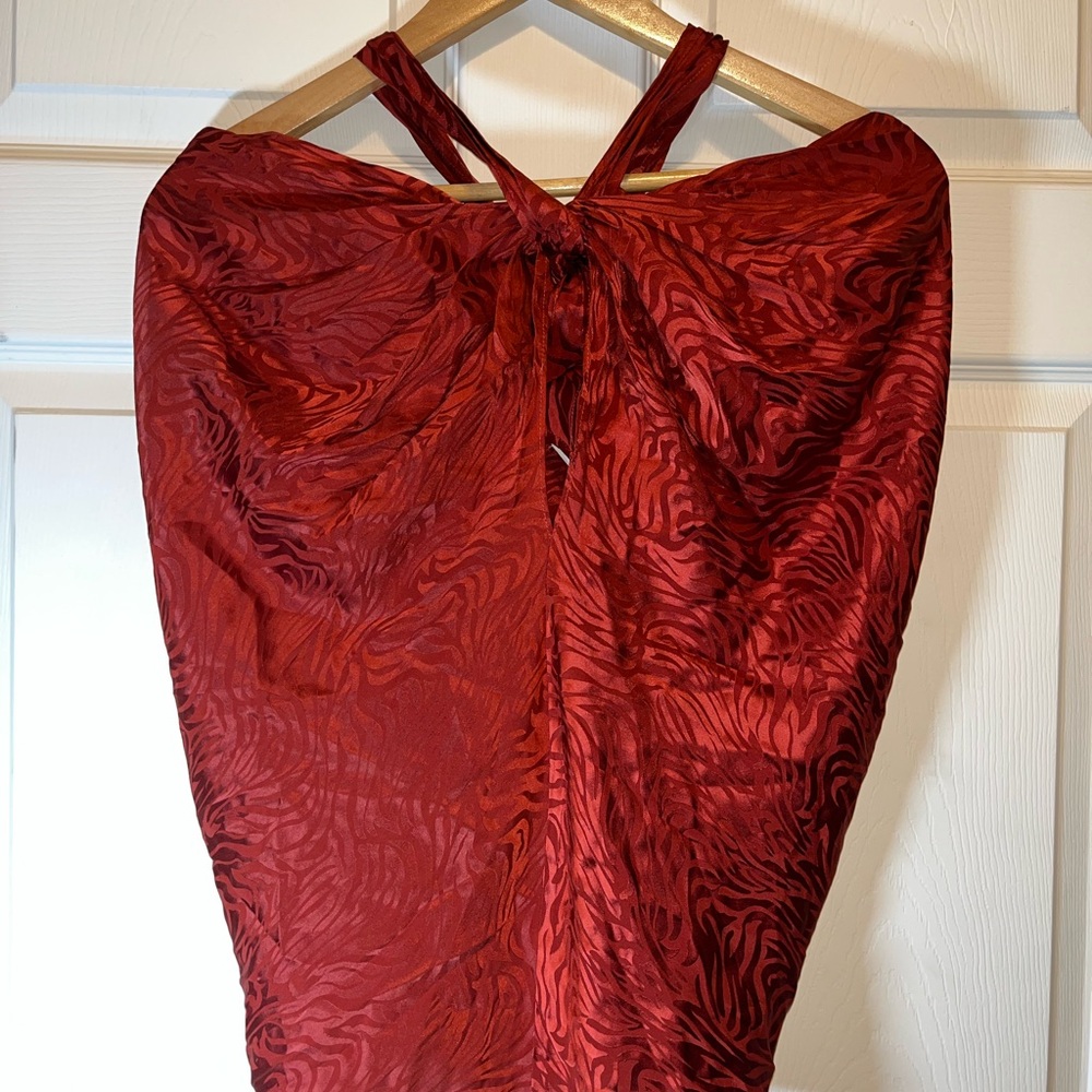 Ronny Kobo Collection Deep Red Satin Textured Knot-Front Tank